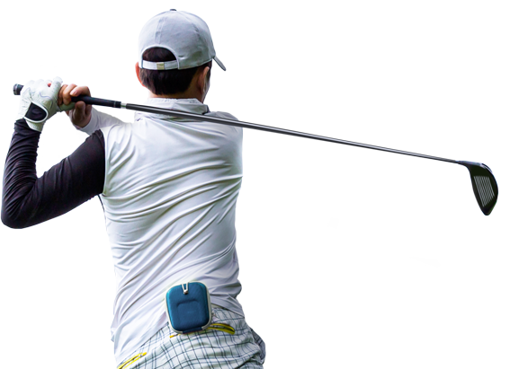 A man wearing a white cap and gray shirt swing his club with a Gofzon logo athis back